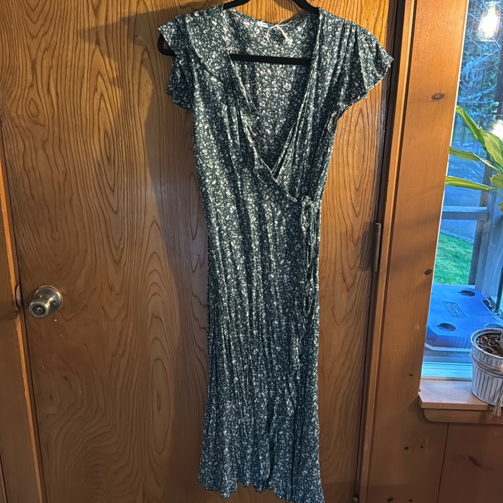 Dark Green and Navy Flower Wrap Dress